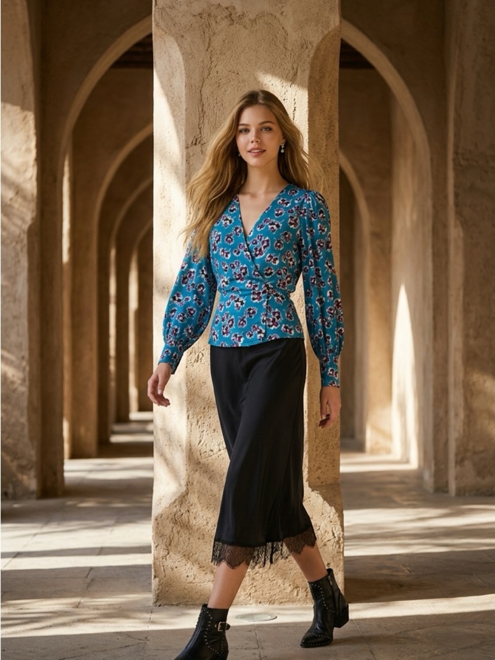 The Kooples Paris Teal Floral “The Wrap” Blouse feels like satin nwt size small
